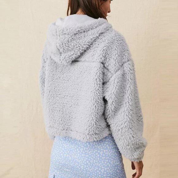 Urban Outfitters Teddy Hoodie Cropped Blue BDG Women's Size Small Cozy Fuzzy - Picture 3 of 8